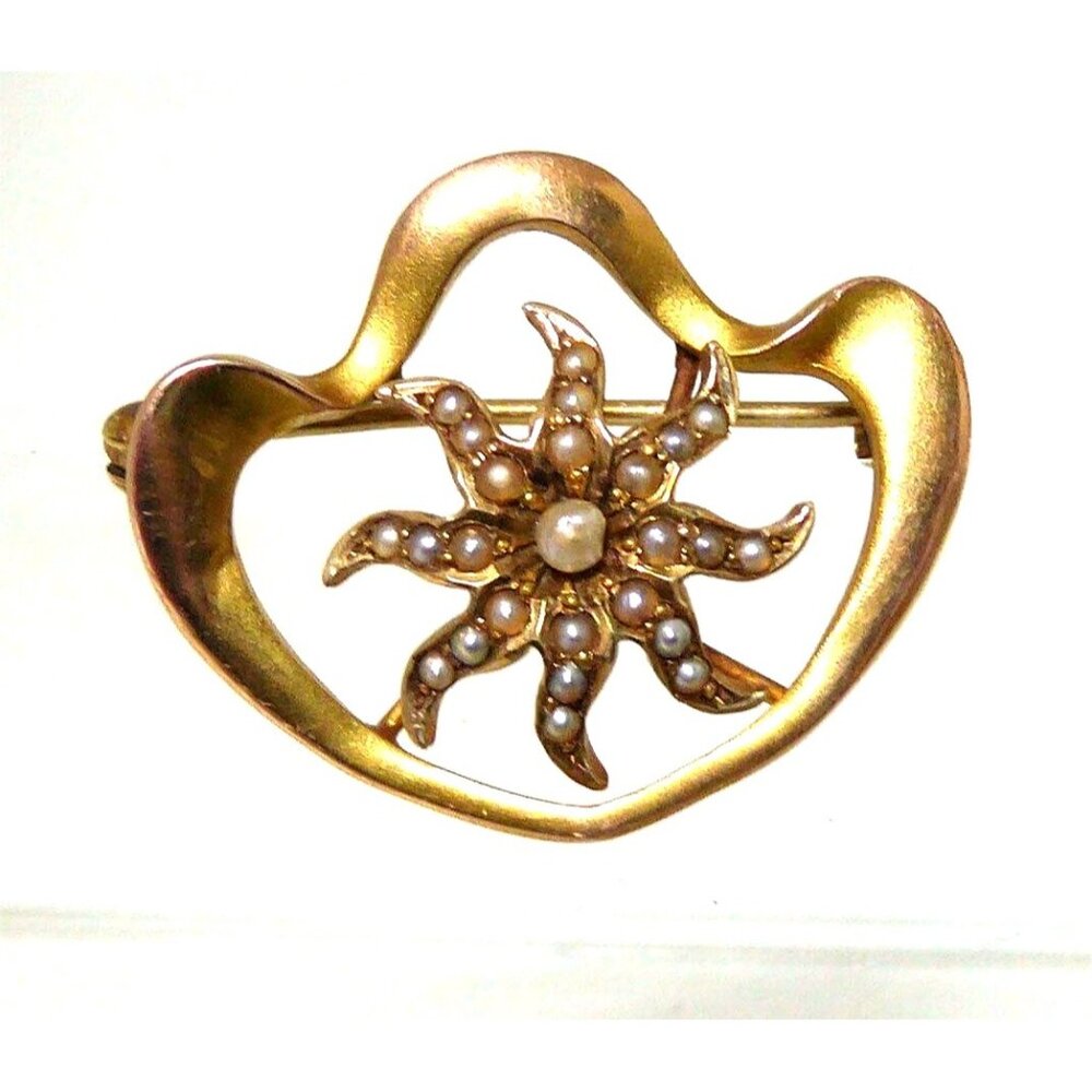 Art Nouveau 14K Gold Brooch With Starfish & Pearl Design